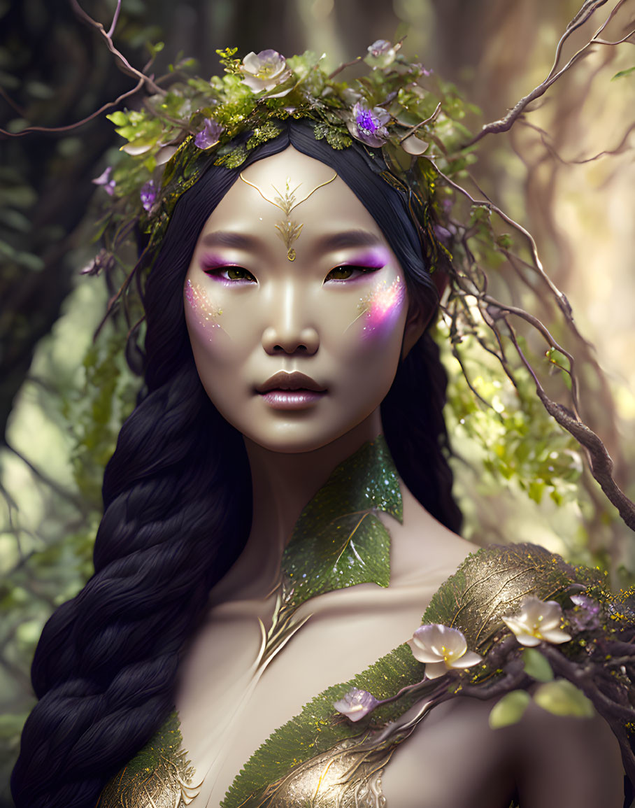 Woman with Floral Crown and Leaf-themed Makeup Portrait