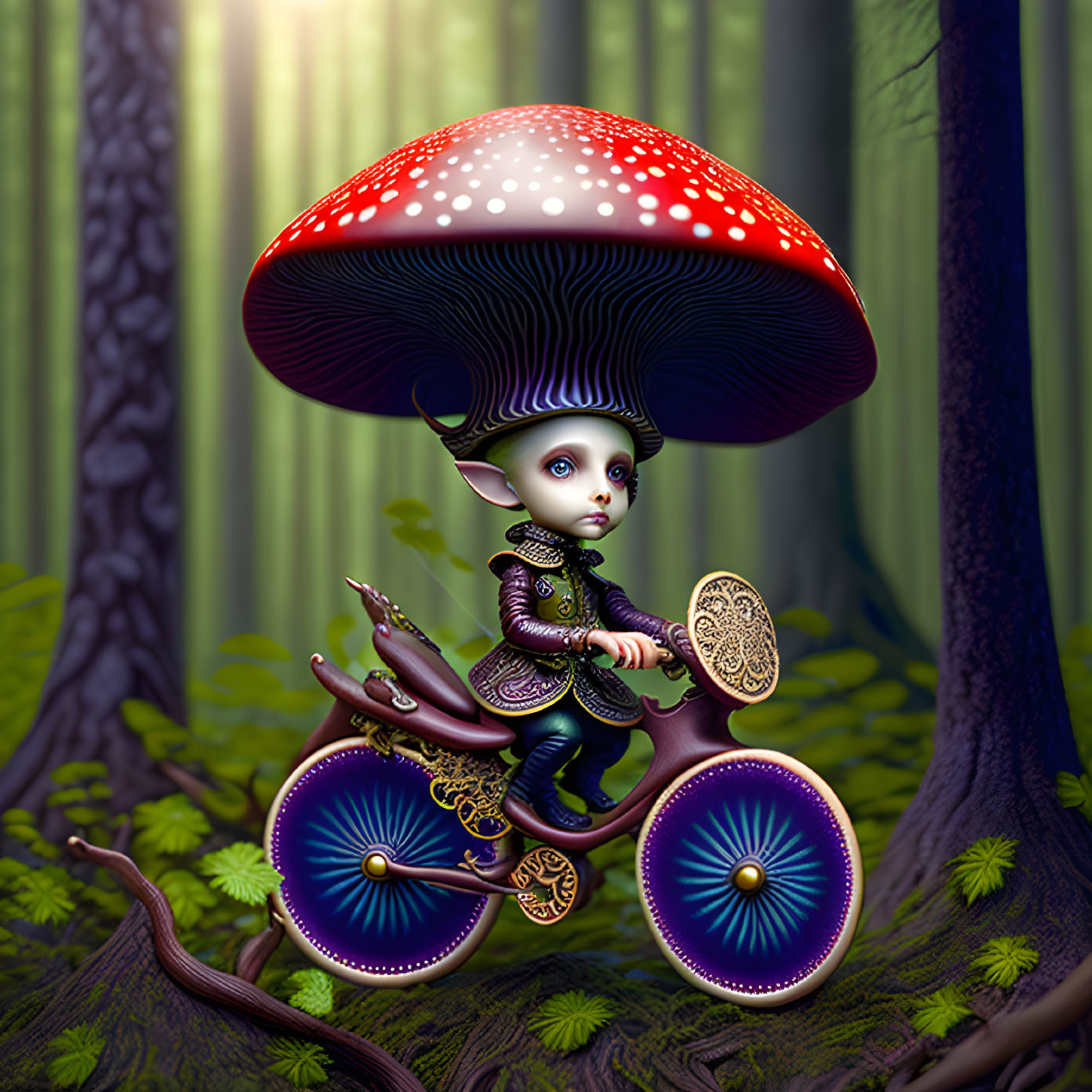 Whimsical character on bike in mystical forest with sunlight