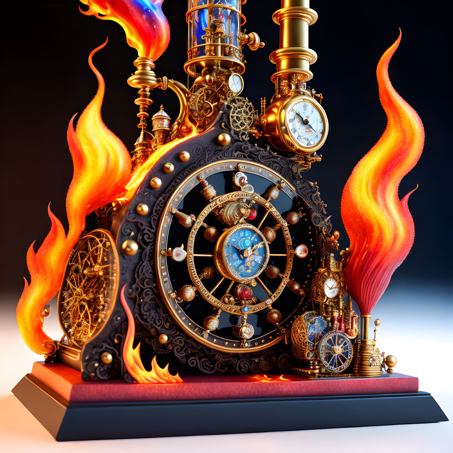 Steampunk-inspired ornate clock with globe and intricate gears on dark background