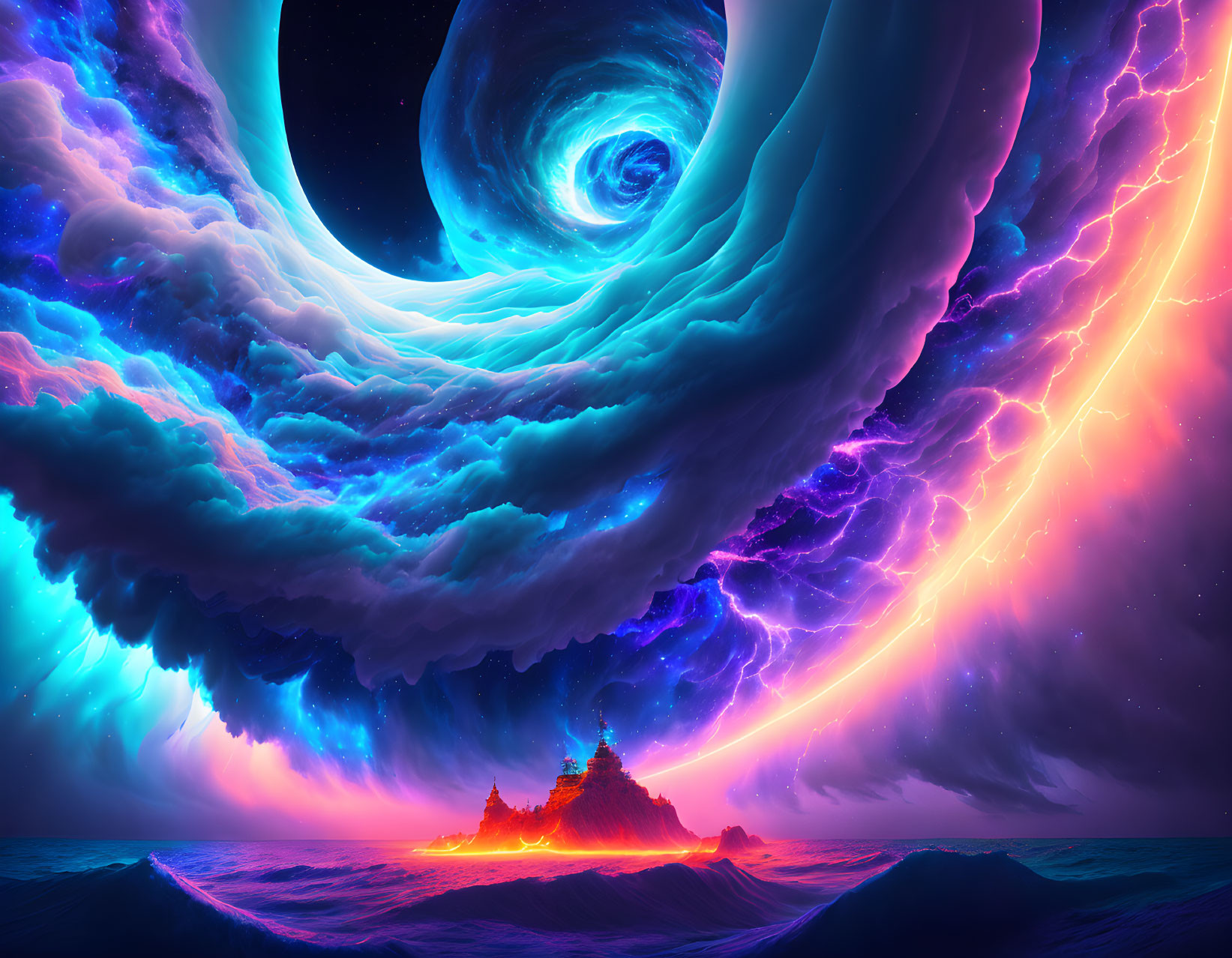 Surreal cosmic whirlpool above serene ocean with neon glow