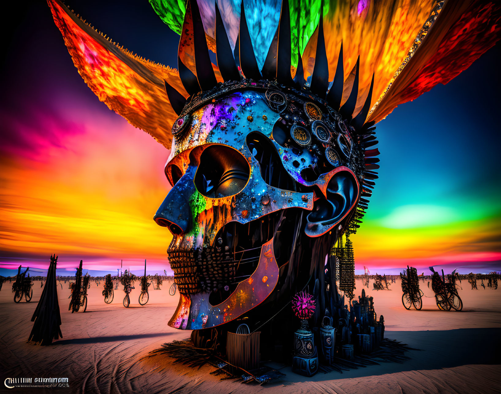 Colorful Winged Skull Art Installation in Desert Dusk with Scattered Bicycles