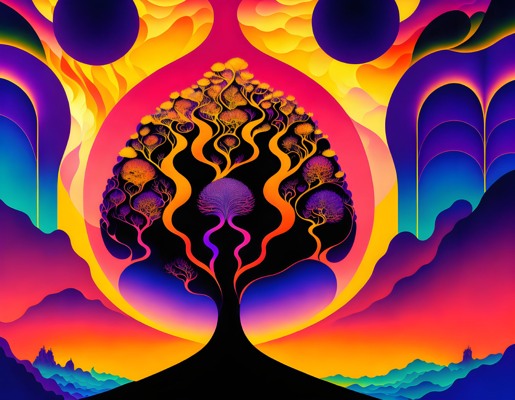 Vibrant Psychedelic Tree Against Colorful Backdrop