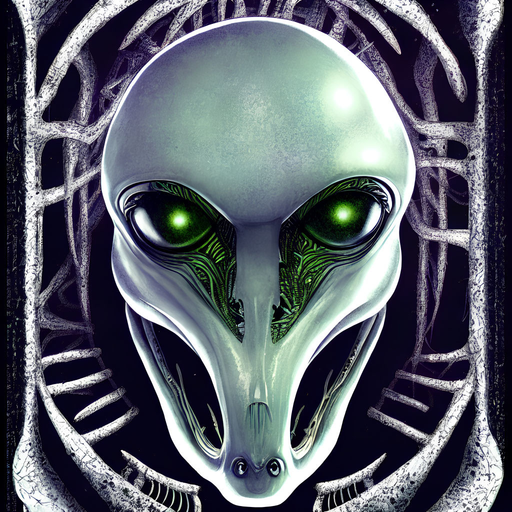 Stylized alien face with green eyes and silver skin in black and white ribcage frame