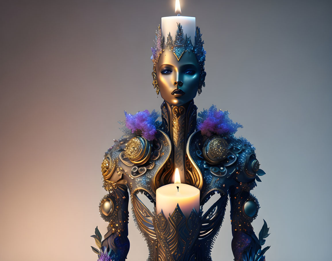 Digital Artwork: Female Figure in Ornate Armor with Candle and Purple Accents