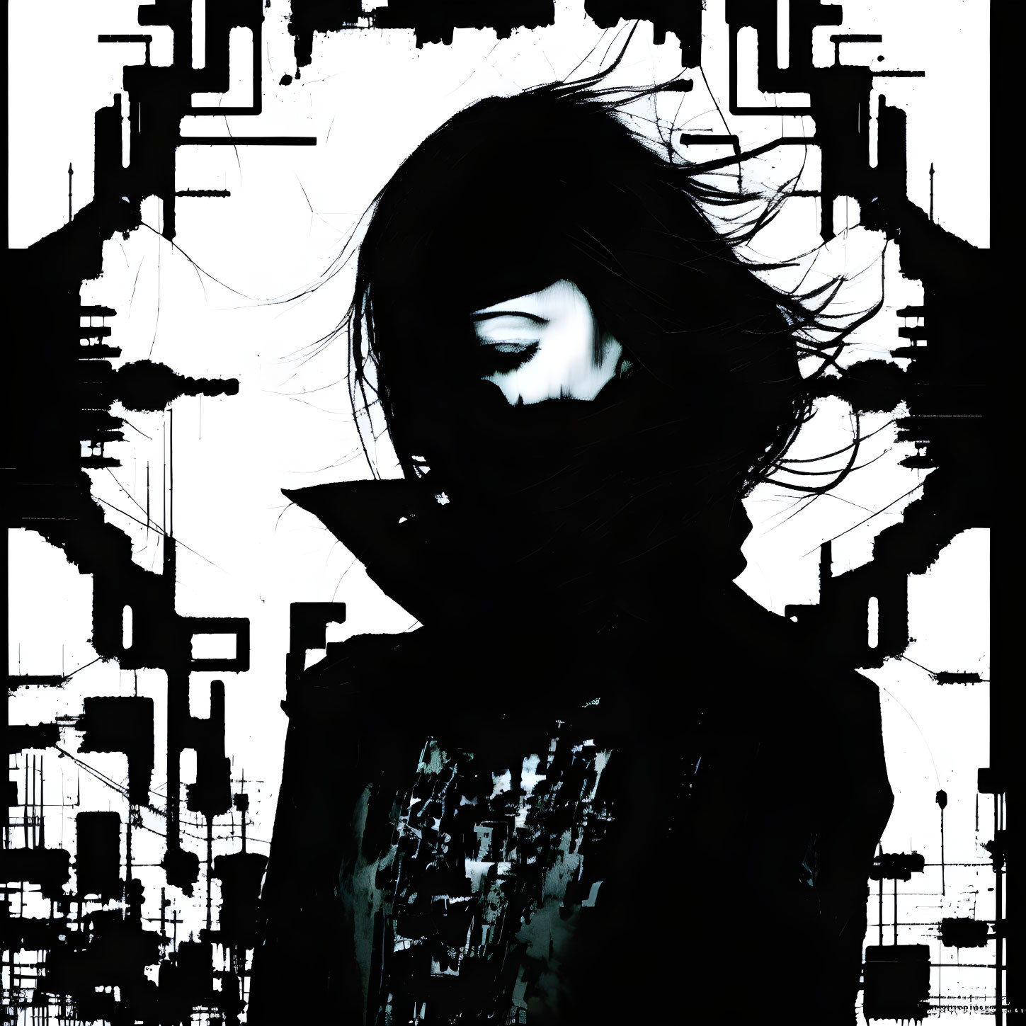 Abstract dark image of figure with obscured features against circuit-like background