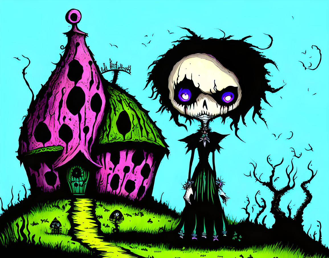 Whimsical illustration of character with purple eyes and fantasy house