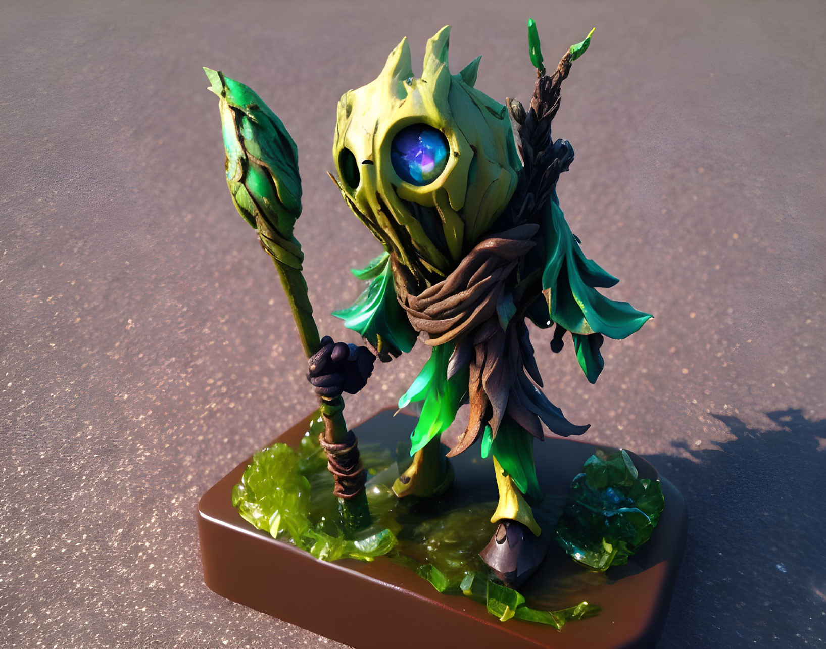 Fantasy creature figure with tree-like appearance and staff on brown base