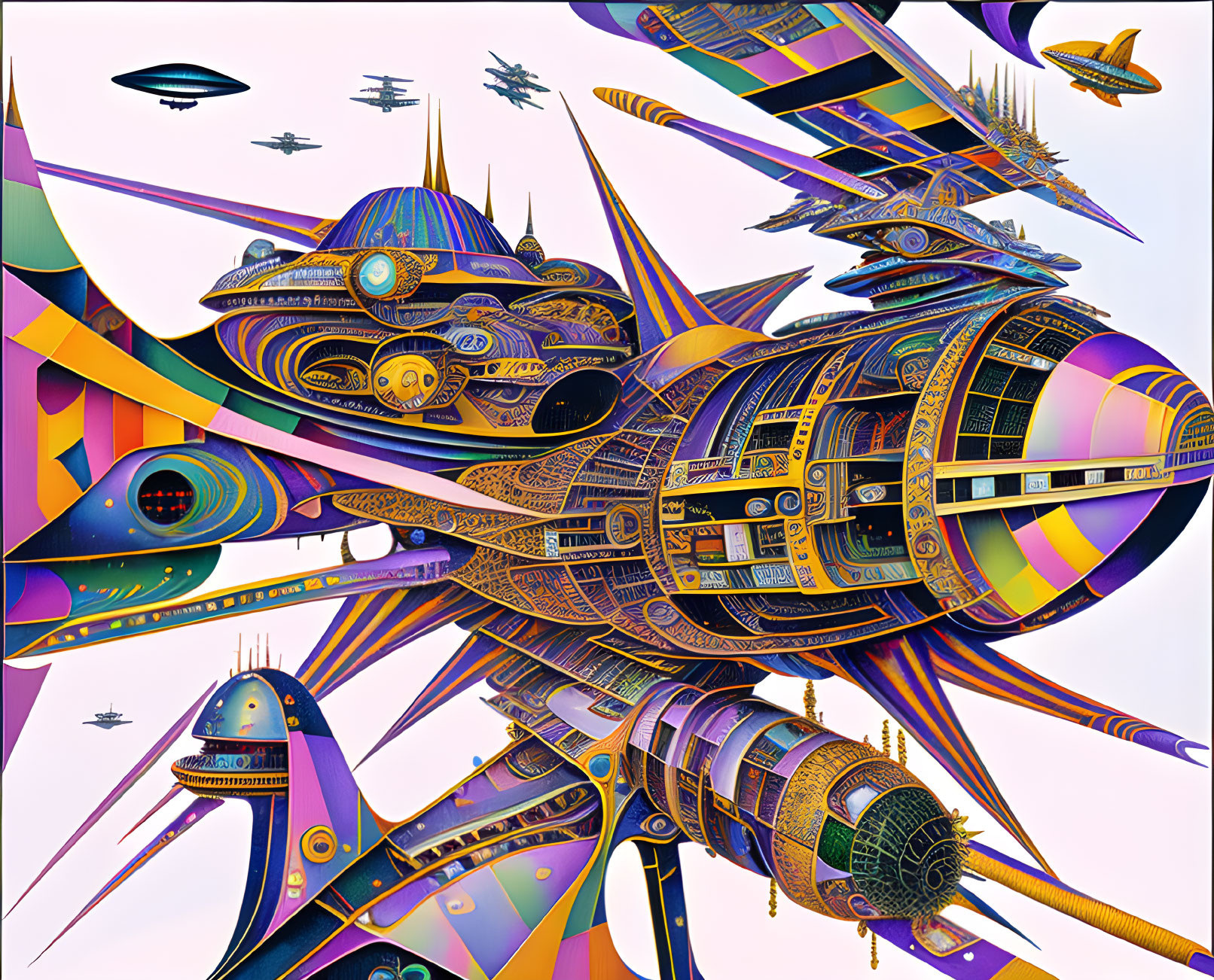 Vibrant sci-fi illustration with futuristic spaceships and geometric shapes