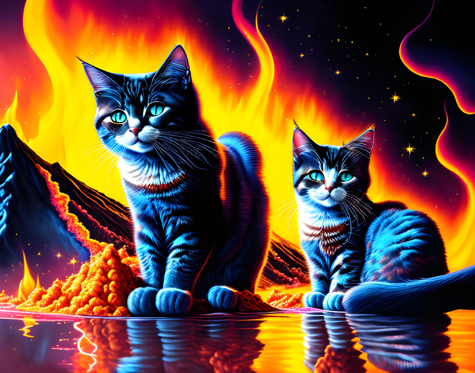 Vibrant cats with blue eyes in front of fiery landscape with volcanoes