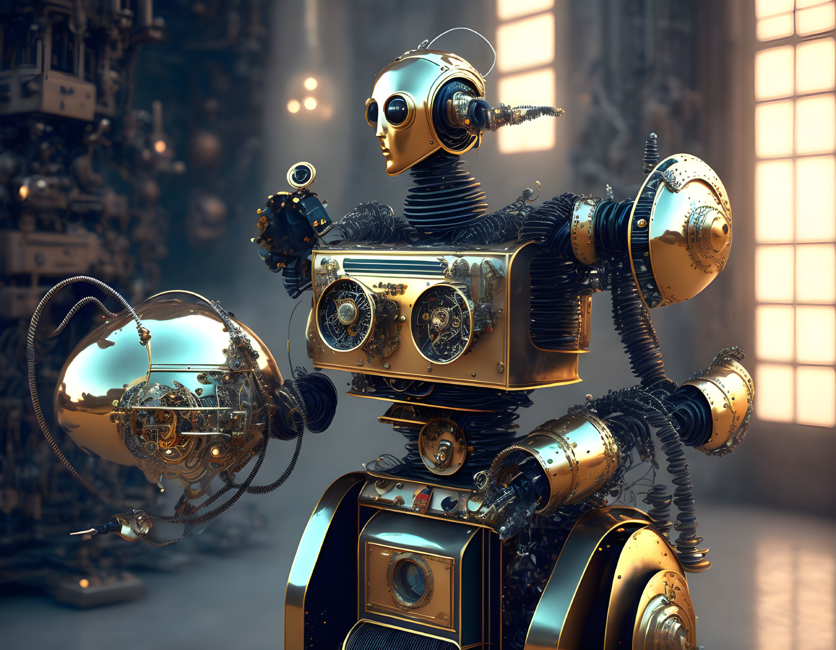 Intricate steampunk-style robot with transparent orb in workshop setting