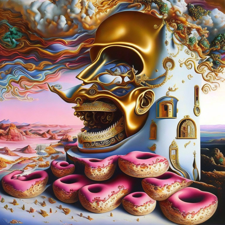 Surreal painting featuring golden skull, swirling clouds, desert landscape, ornate details, pink don