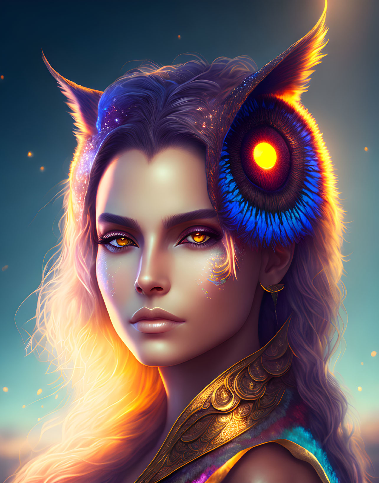 Digital artwork: Woman with owl-like features on blue backdrop