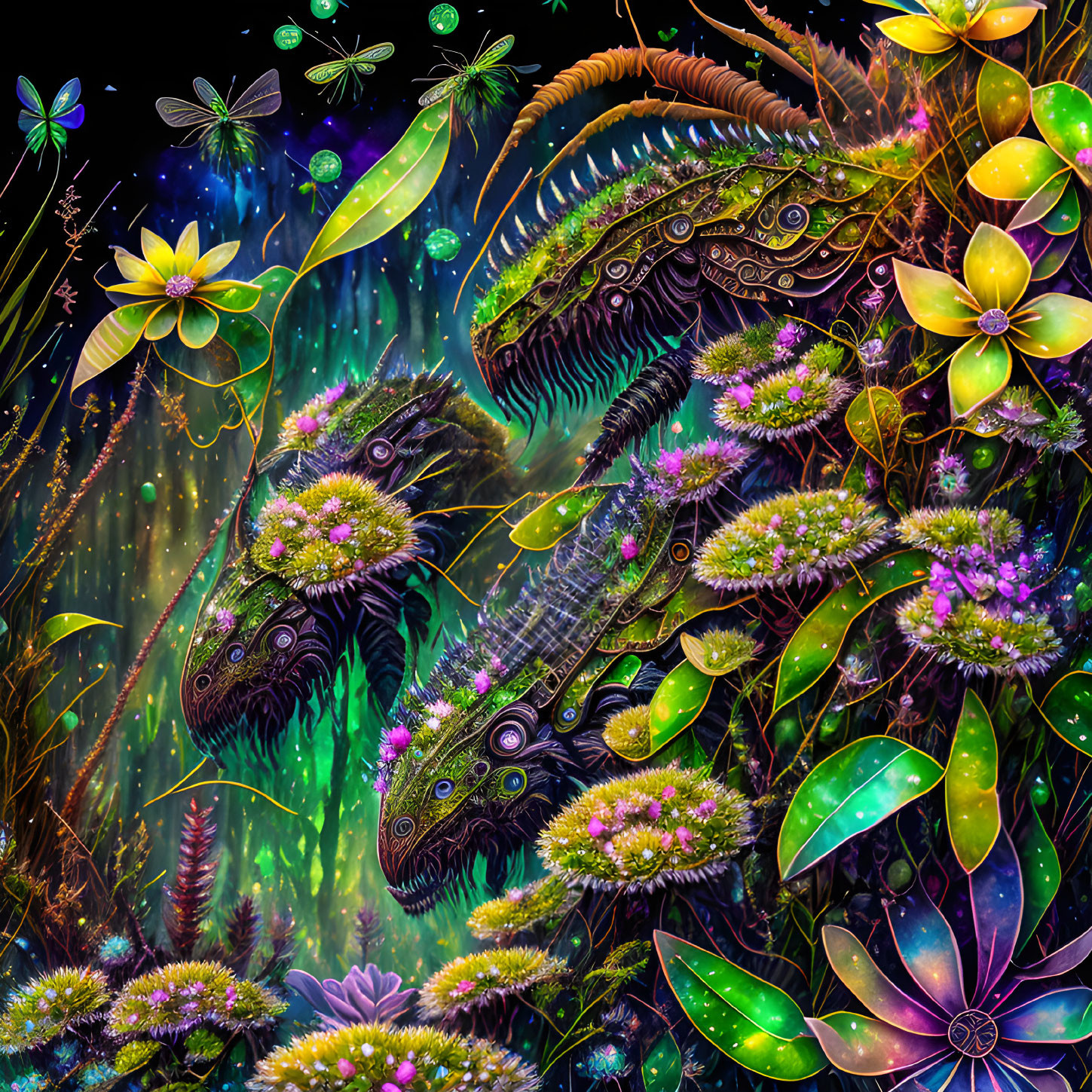 Colorful digital art featuring chameleon-like creatures in a fantasy setting