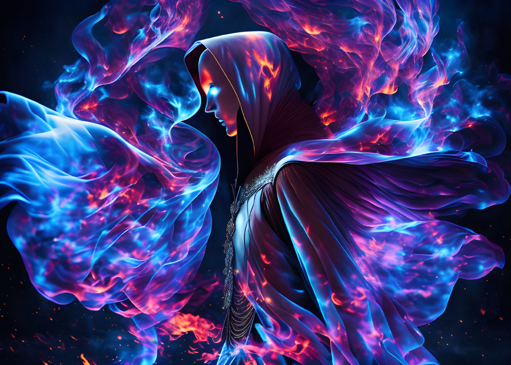 Mystical figure in hooded cloak with blue and red flames on cosmic backdrop