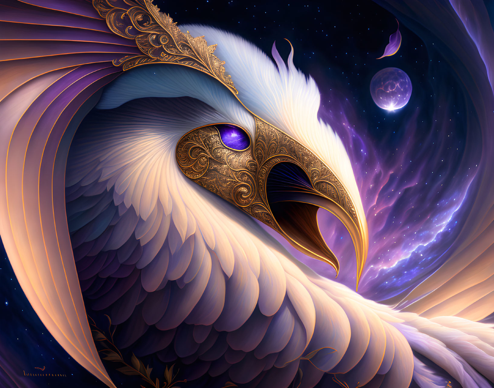 Stylized eagle illustration with cosmic background.