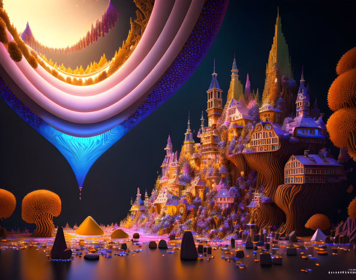 Luminous whimsical city in surreal landscape