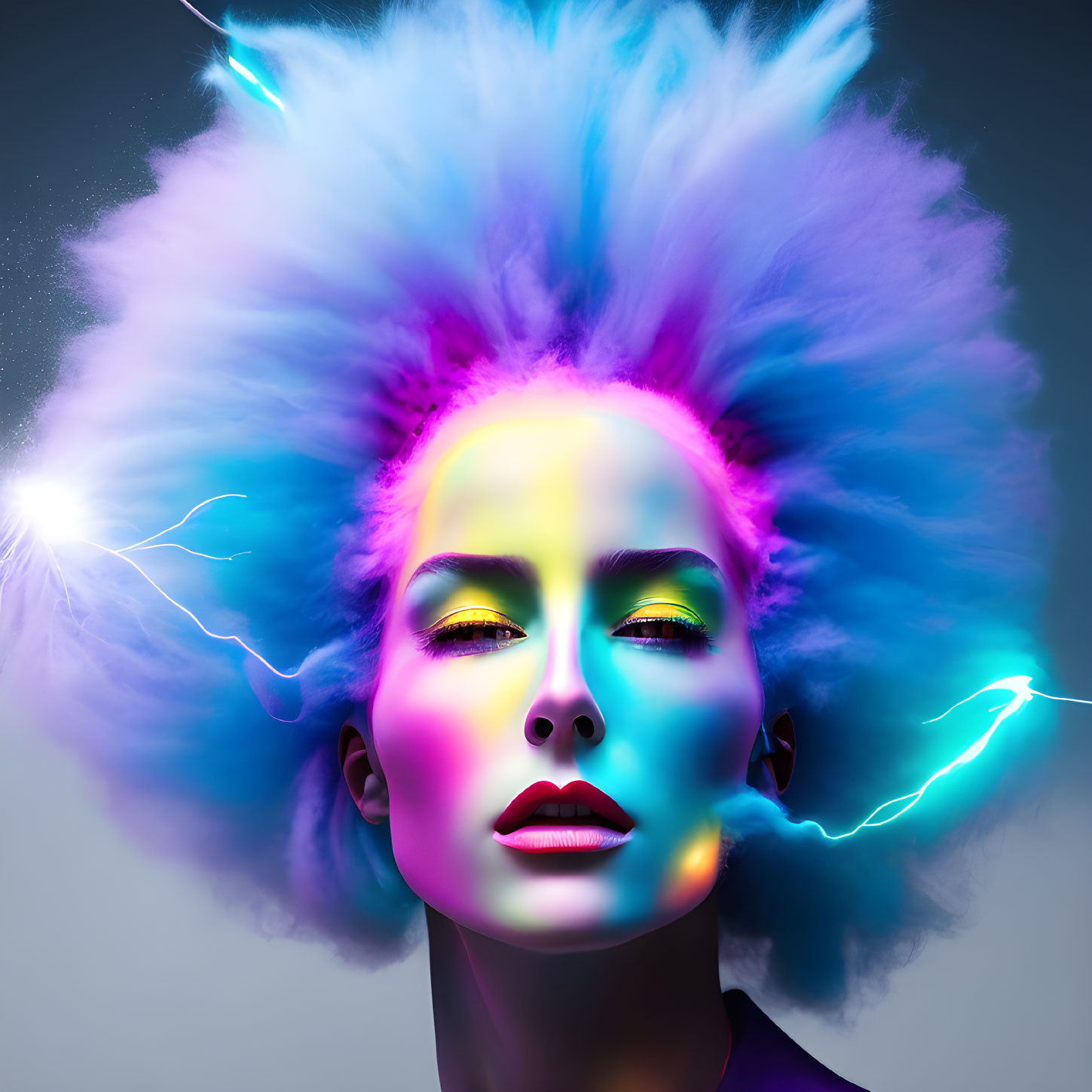 Colorful woman with electric hair and neon makeup on dark background