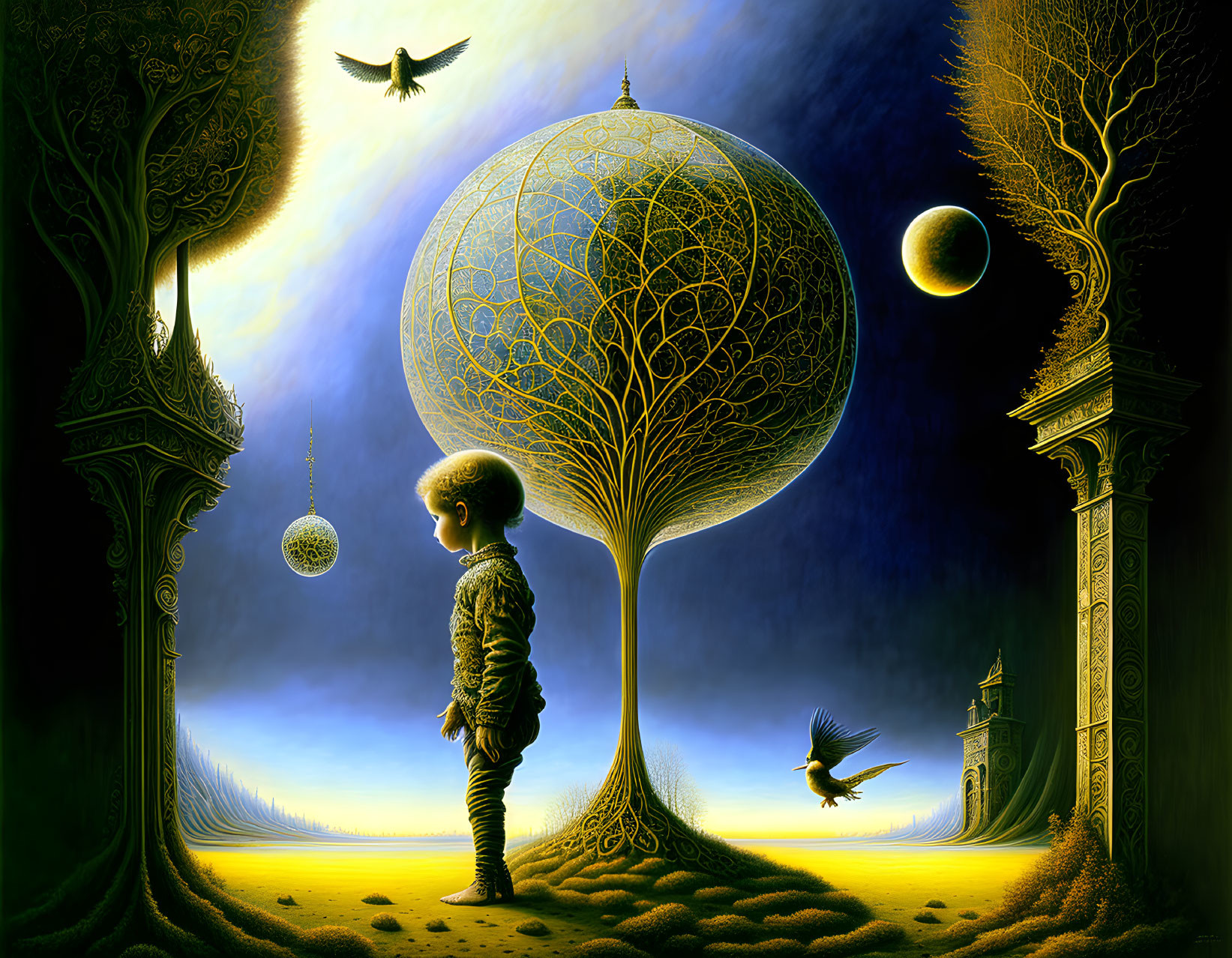 Child observing surreal glowing tree, ornate spheres, hovering book, birds, under starry sky with