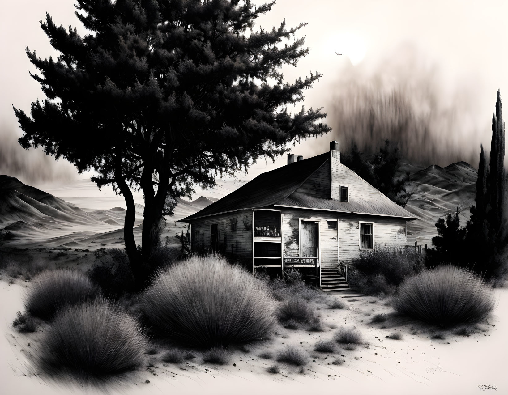 Abandoned house in monochrome landscape with overgrown shrubs