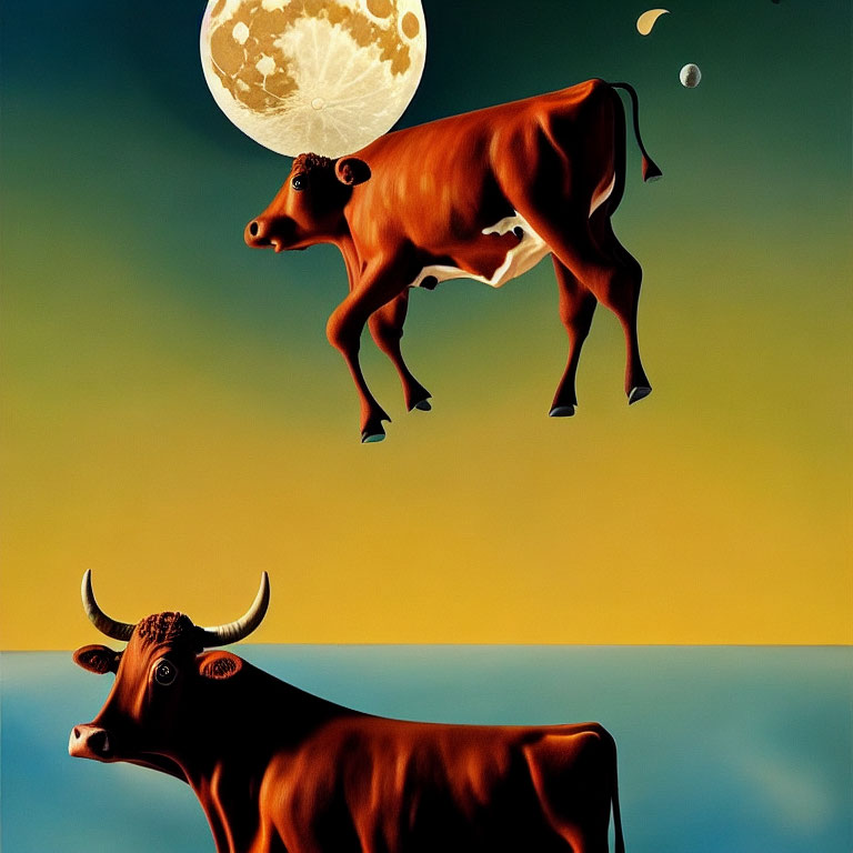 Surreal image of cows under moonlit sky