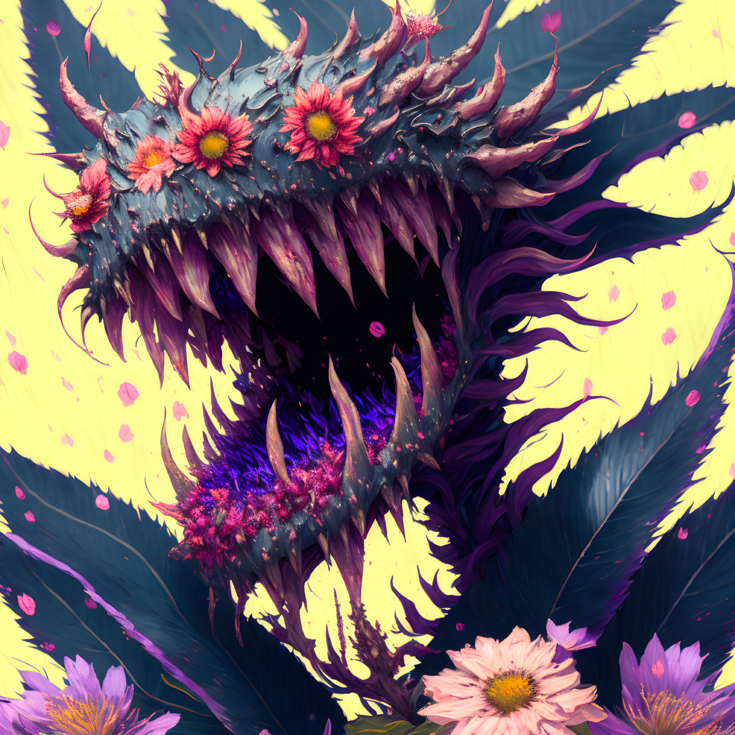 Colorful fantastical creature with sharp teeth and floral head decorations