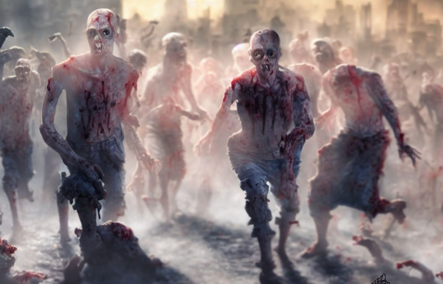 Gruesome zombies in misty environment with blood and gore