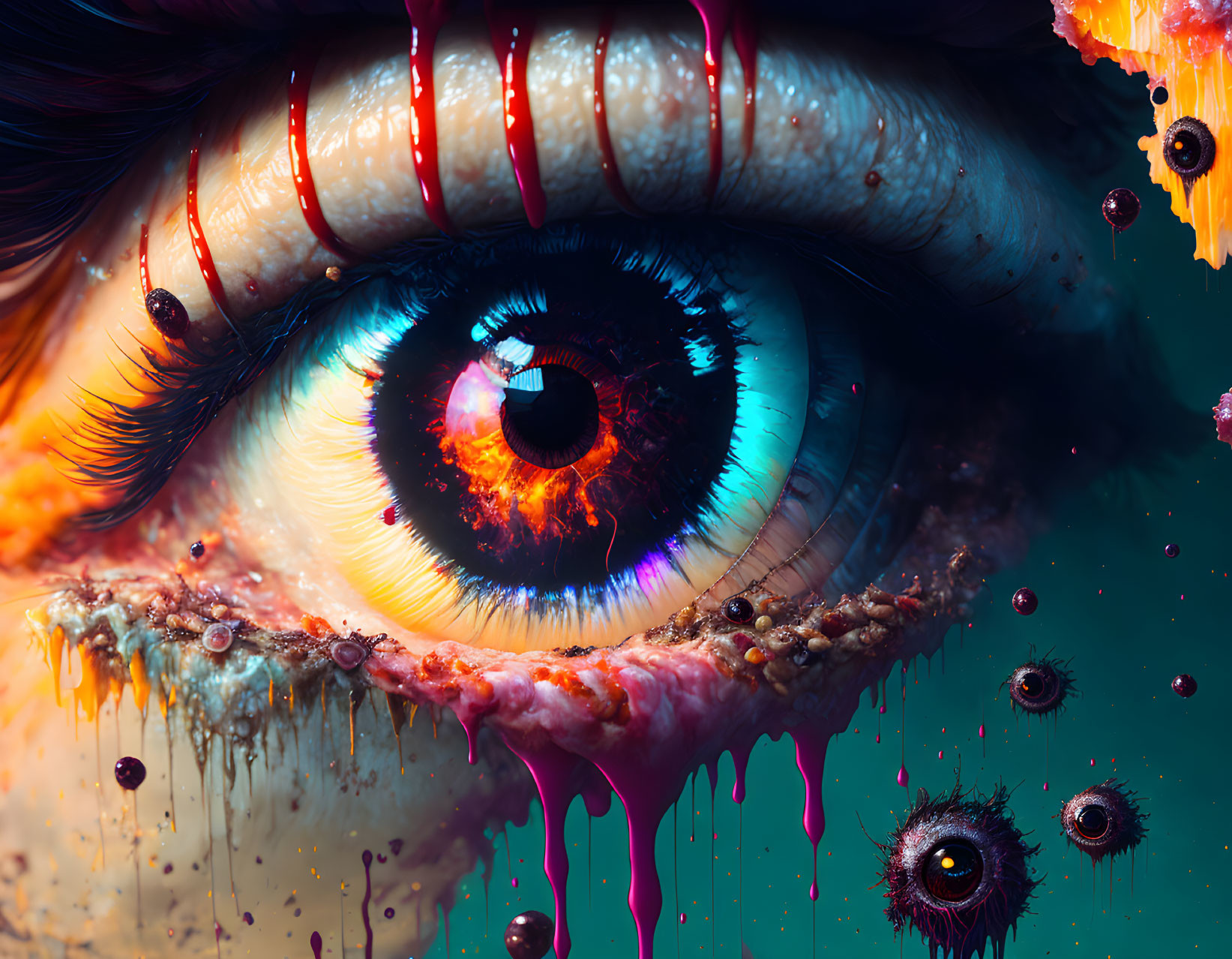 Colorful macro eye image with dripping textures and smaller eyes for a surreal effect