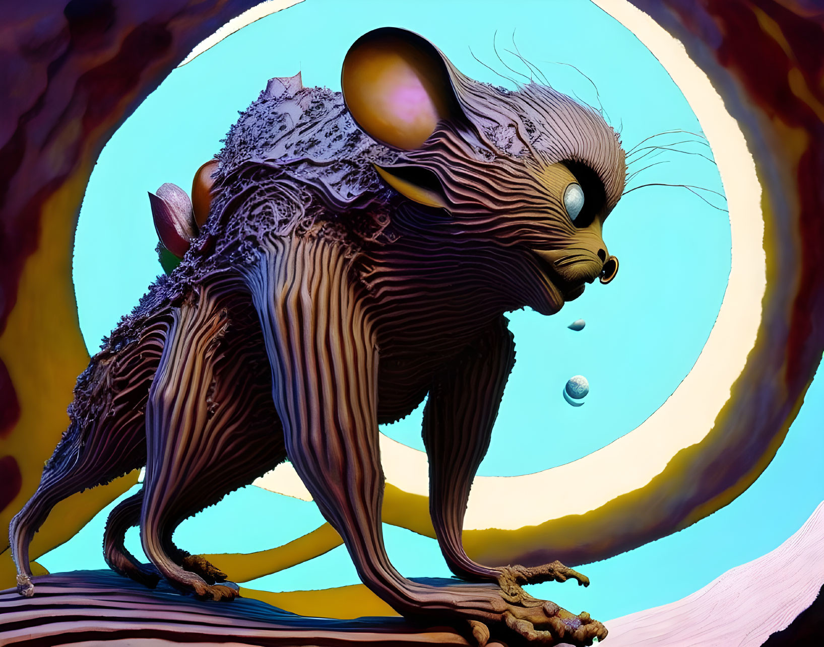 Stylized textured creature in surreal artwork with colorful gradient backdrop