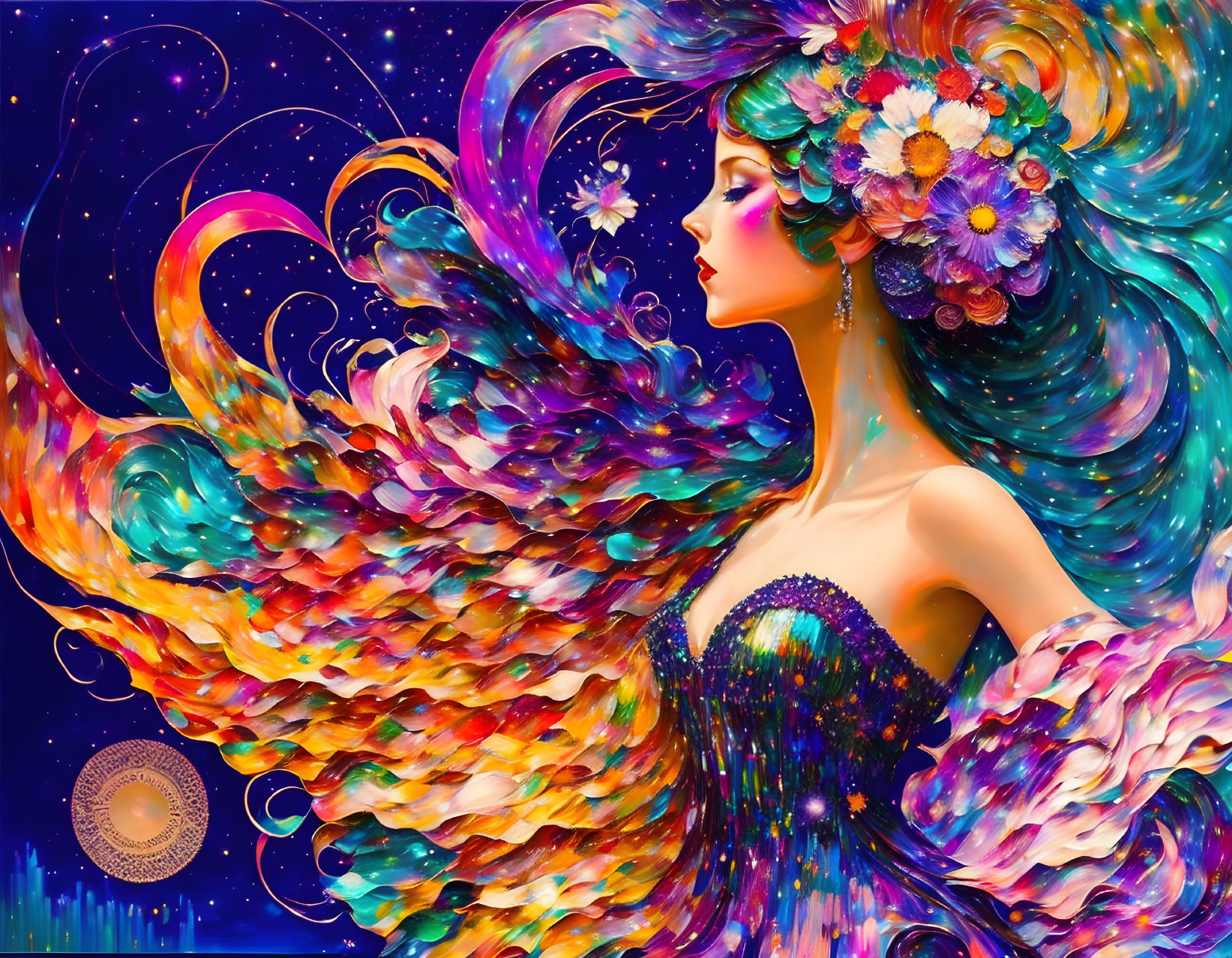 Colorful Artwork: Woman with Flowing Hair and Wing-Like Pattern