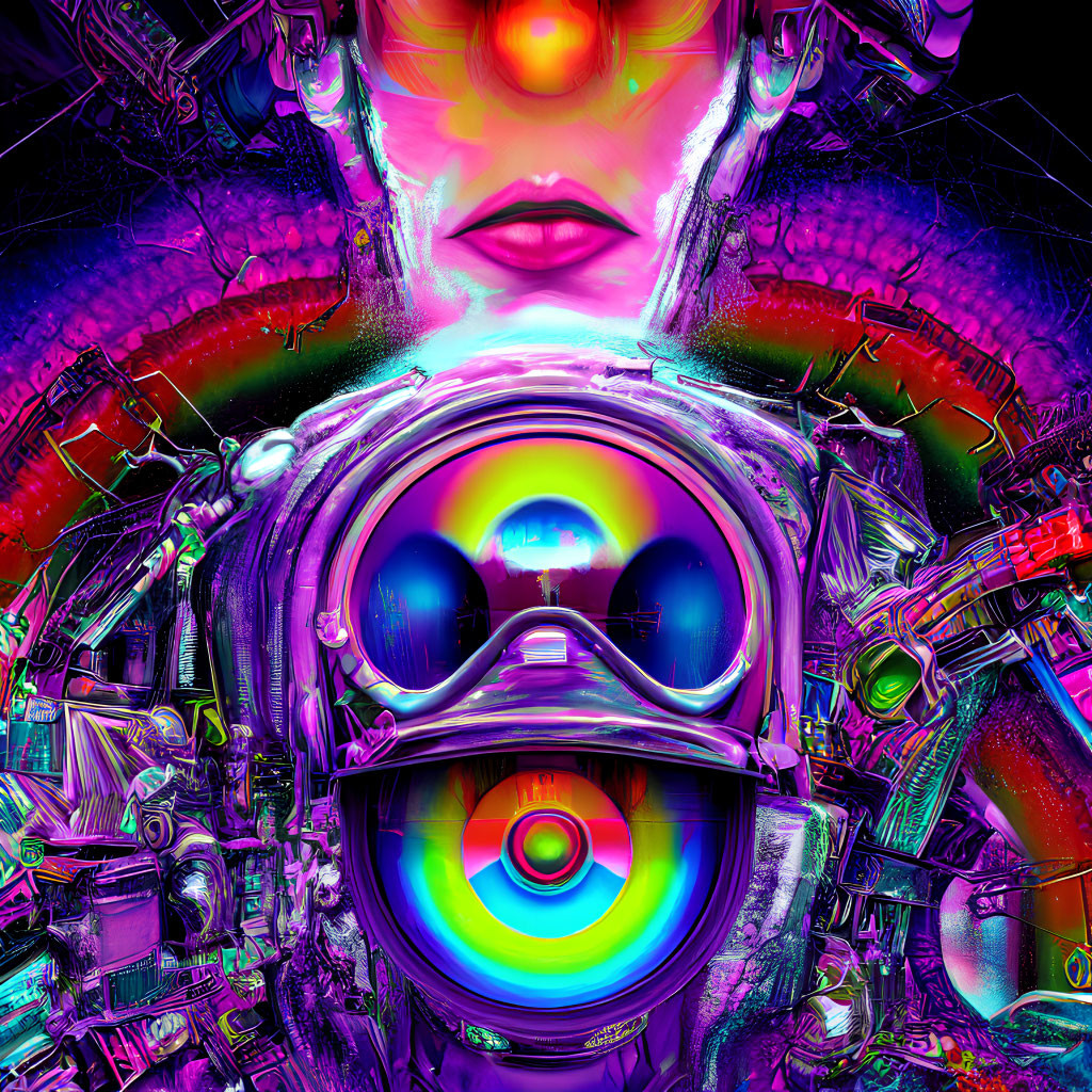 Colorful digital artwork featuring central figure in gas mask surrounded by vibrant mechanical and abstract elements