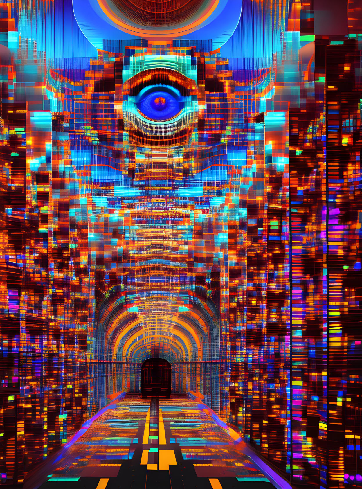 Neon-lit tunnel with eye motif in futuristic cyberpunk artwork