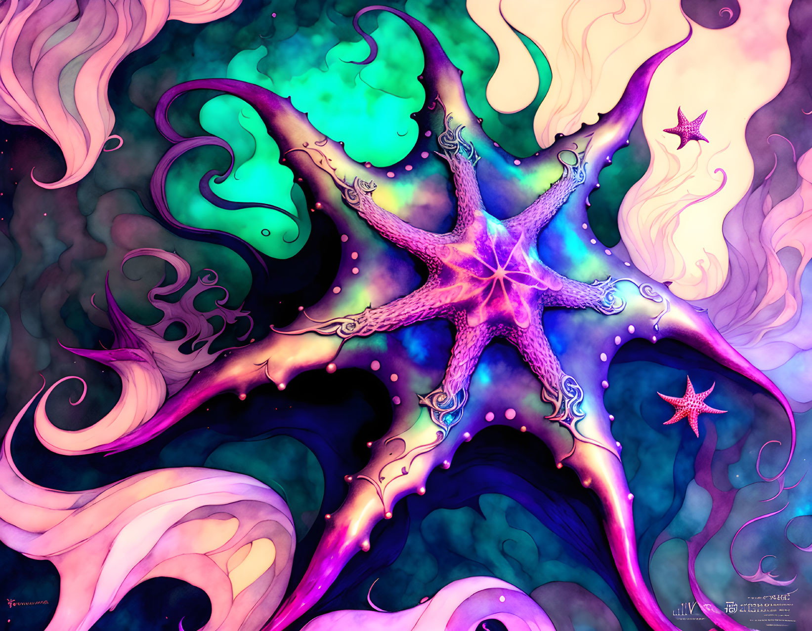 Ethereal purple starfish in swirling aquatic-themed digital art