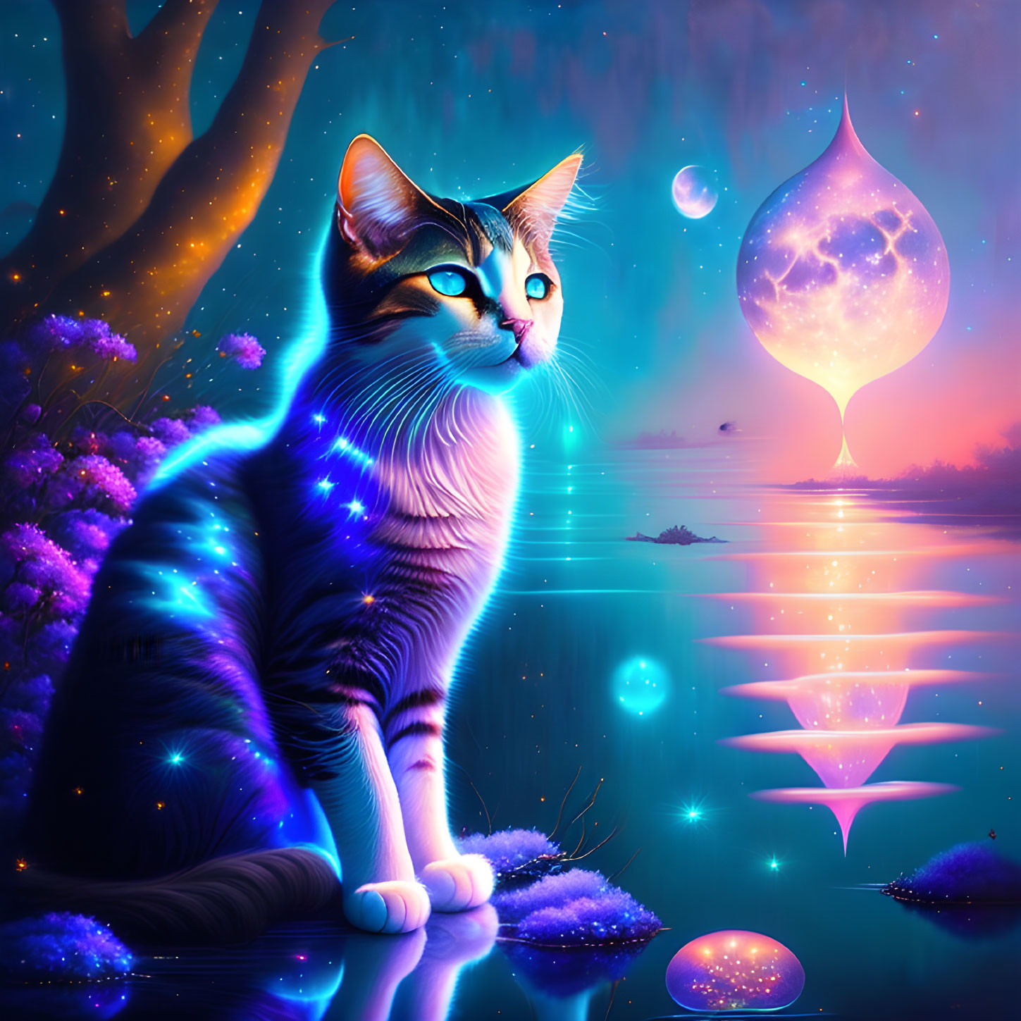 Luminous cat in surreal cosmic scene with glowing flora and floating orbs