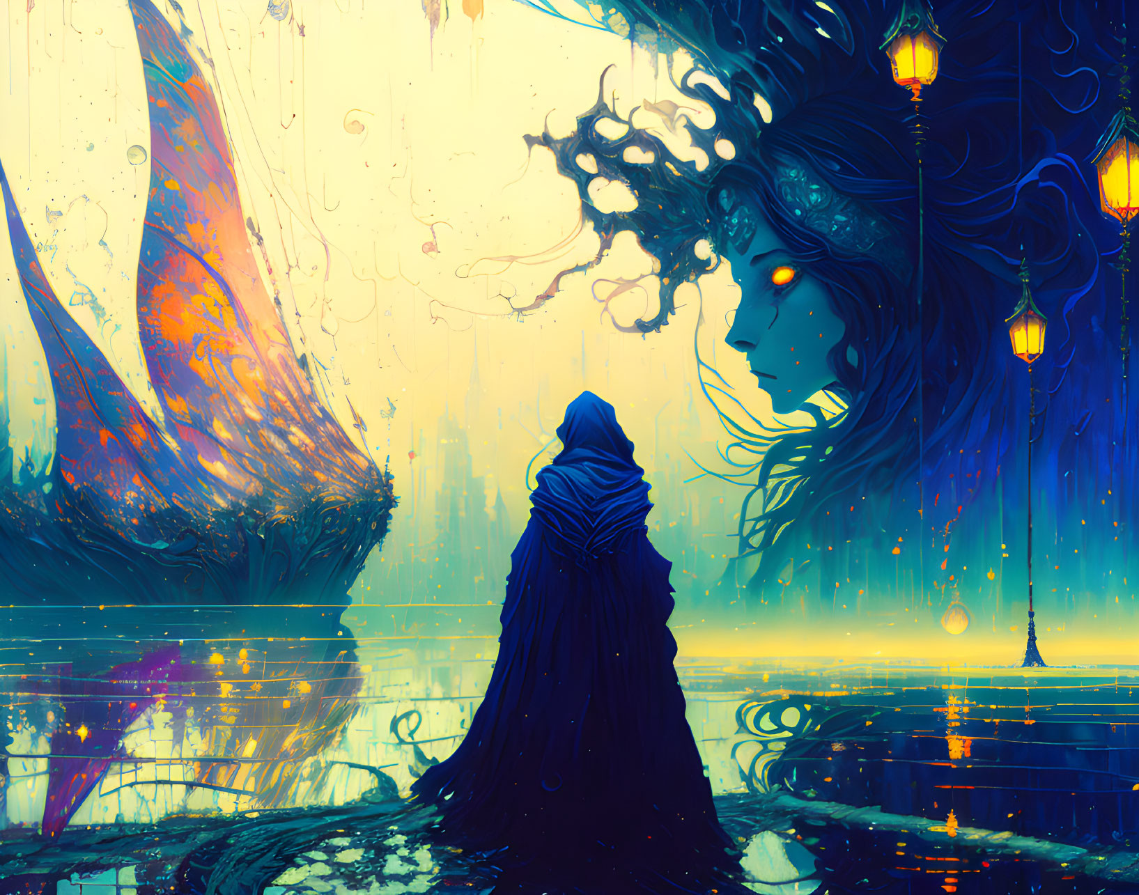 Surreal blue-toned digital art of cloaked figure and giant woman's face in fantastical