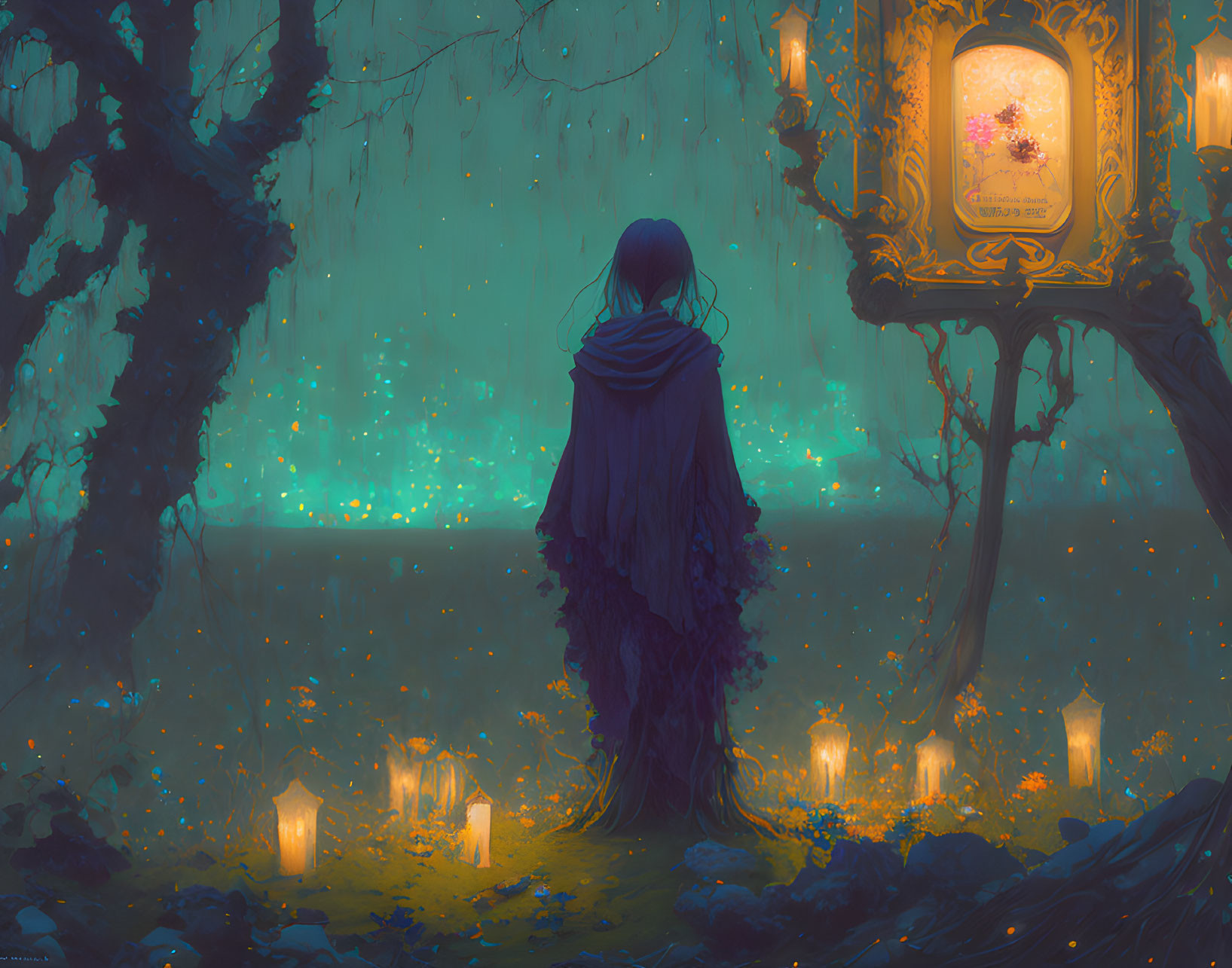 Person in Blue Cloak in Mystical Forest with Glowing Candles and Lit Portrait