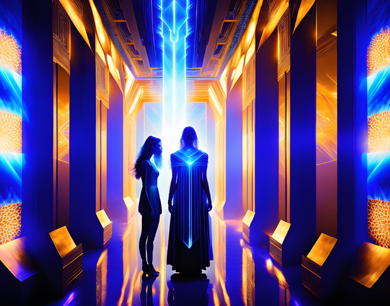 Silhouetted figures in futuristic corridor with blue neon lights