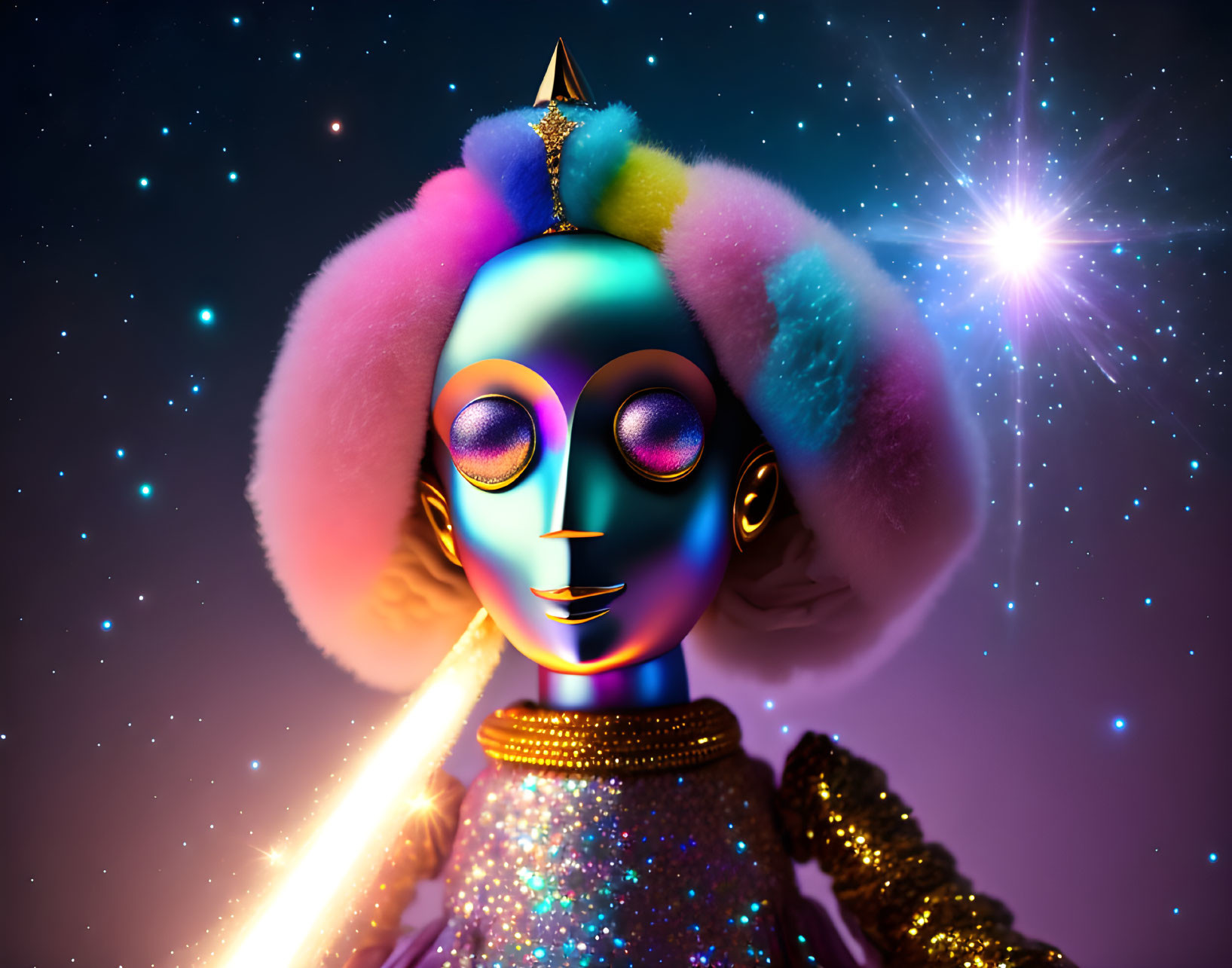 Colorful futuristic portrait with robotic features and cosmic backdrop