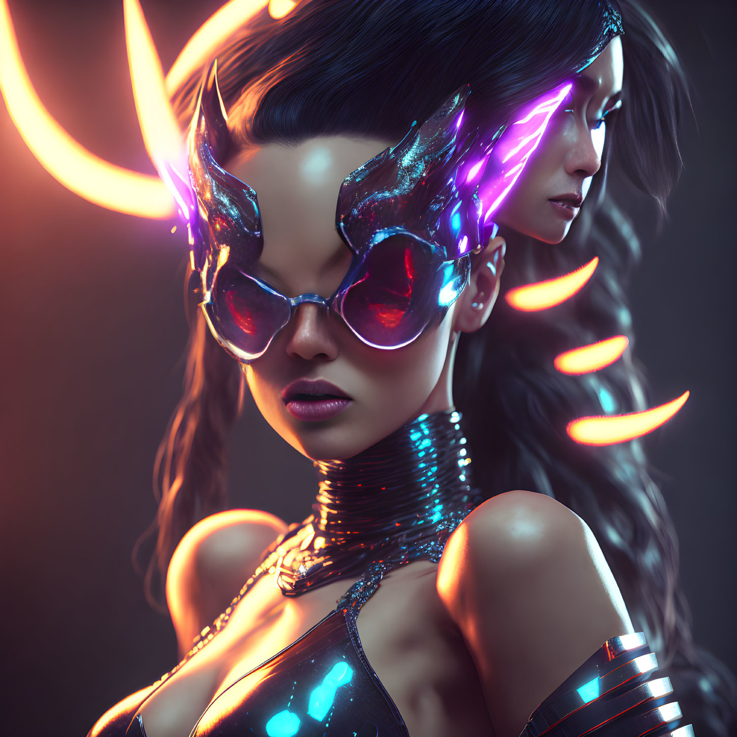 Futuristic female figure with purple glowing eyewear and neon accents on orange crescent backdrop