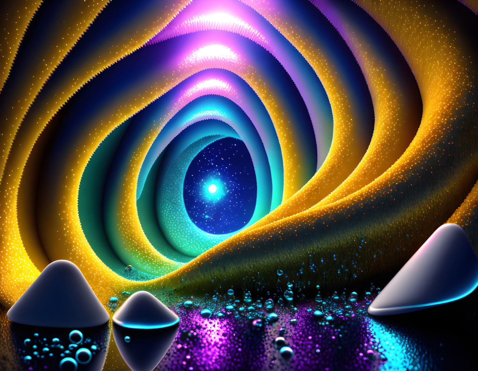 Colorful Spiraling Vortex Artwork with Neon Hues and 3D Cones