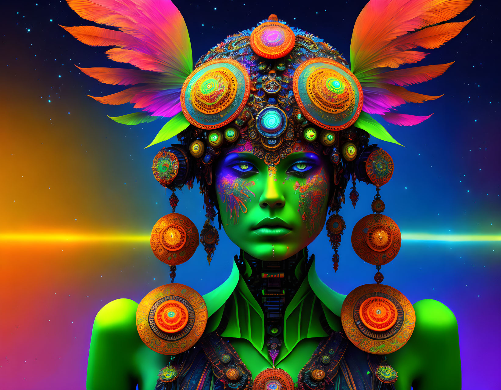 Colorful digital artwork: Woman with psychedelic headdress on vibrant background