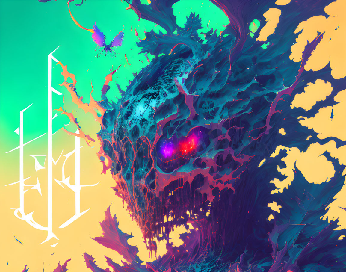 Colorful Abstract Artwork with Swirling Entity and Alien-Like Glyphs
