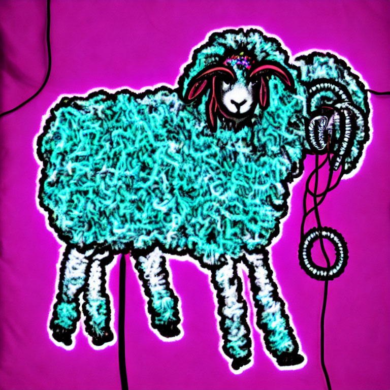 Stylized sheep with blue and white wool on pink background with headphones.