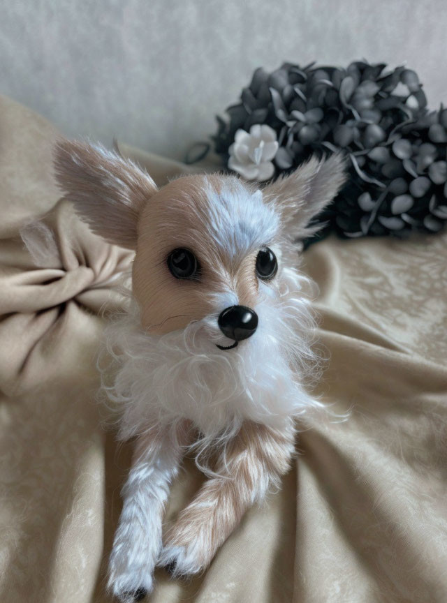 Realistic Plush Toy Dog with Large Ears and Expressive Eyes on Gray Floral Background