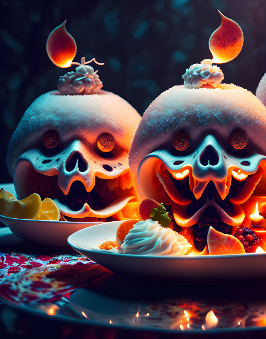 Carved Skulls with Flame-like Lights and Citrus Slices on Dark Background