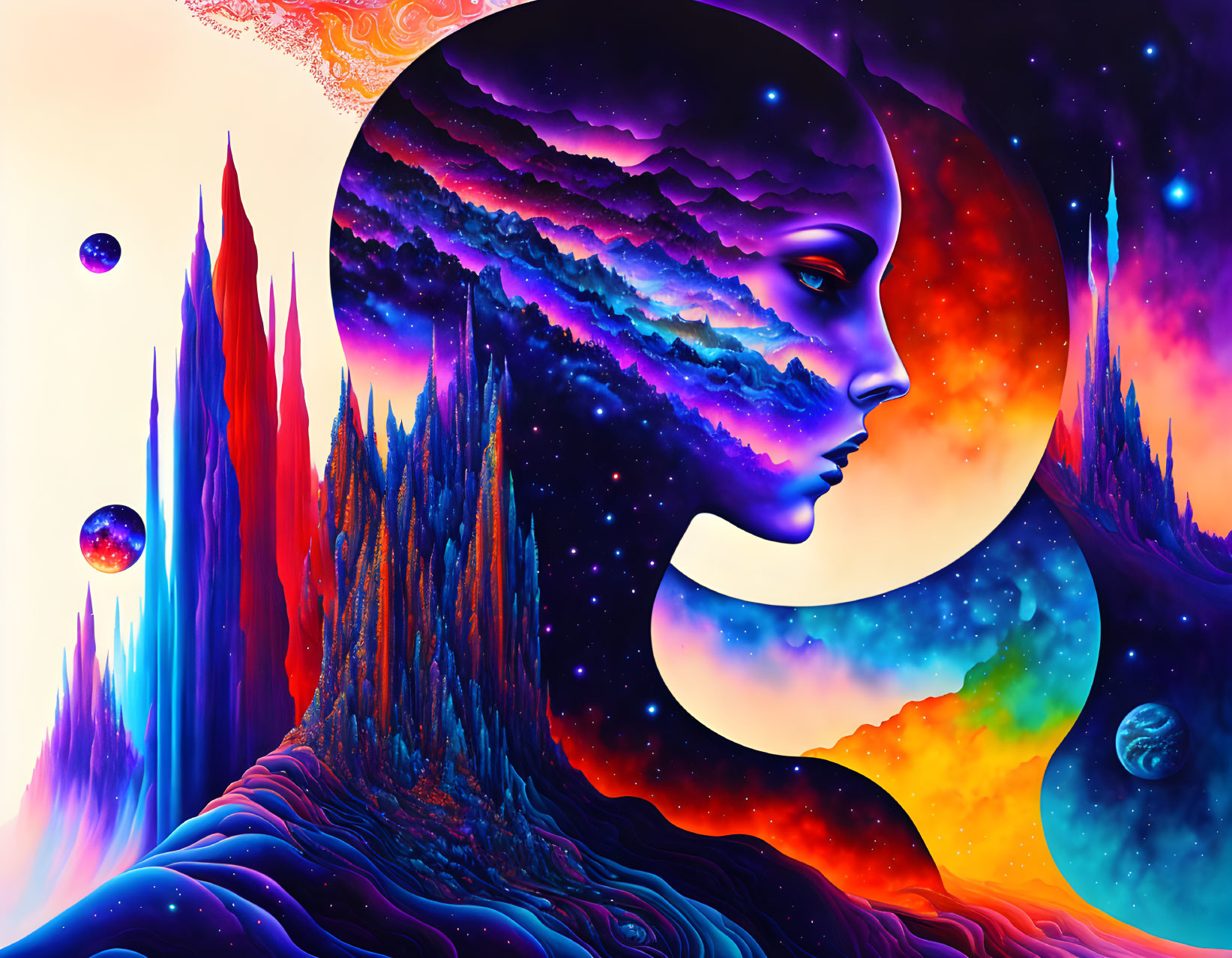 Colorful cosmic digital artwork with stylized female profile blending into starry sky and alien landscapes.