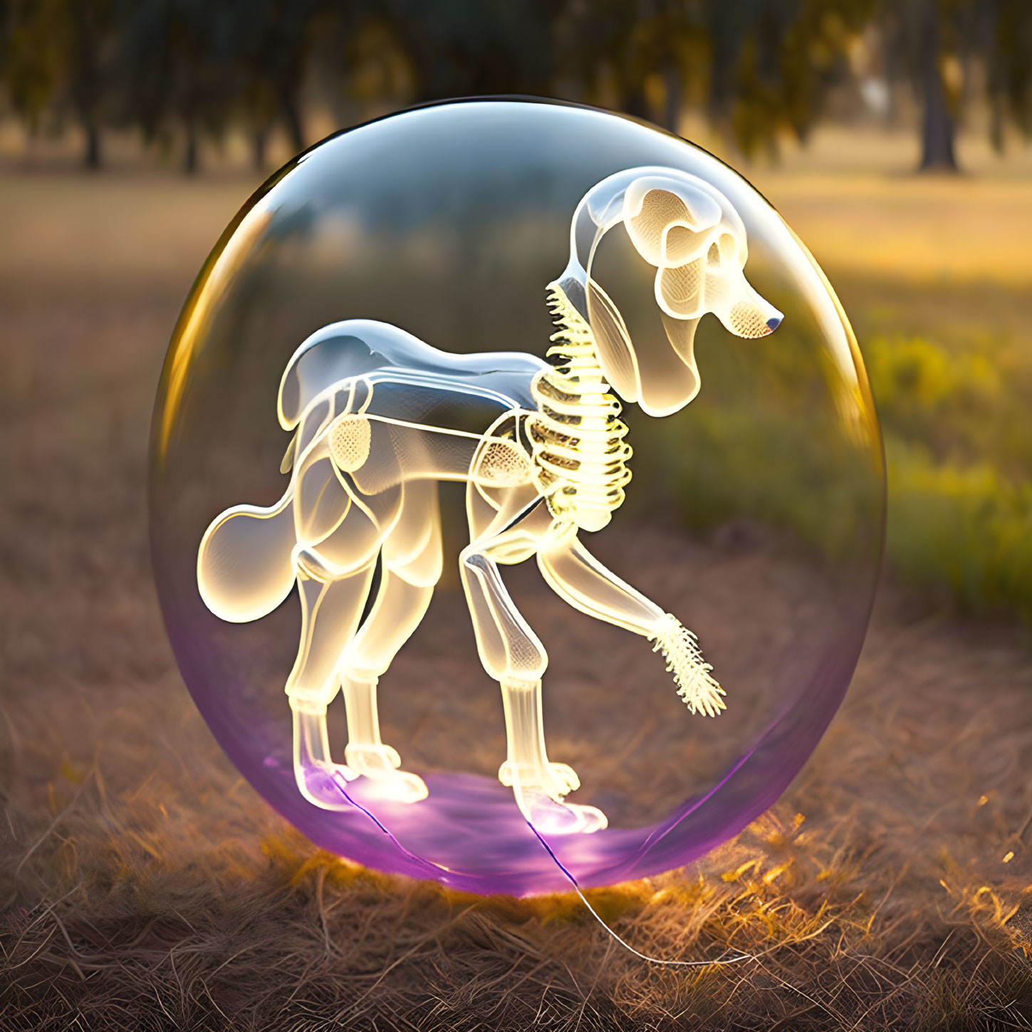 Transparent skeletal dog in reflective bubble at golden hour