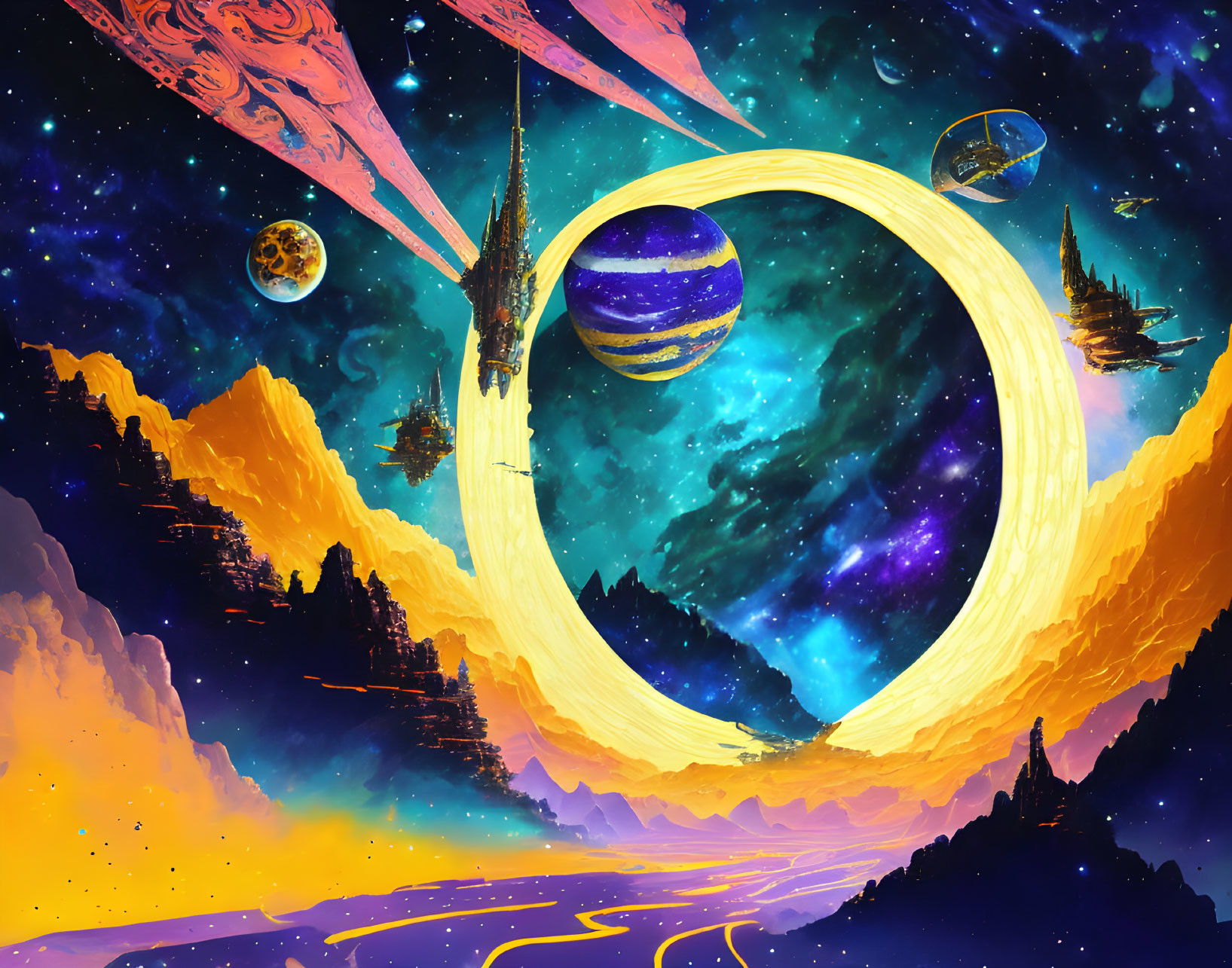 Sci-fi landscape with golden ring portal, planets, starships, and nebulae