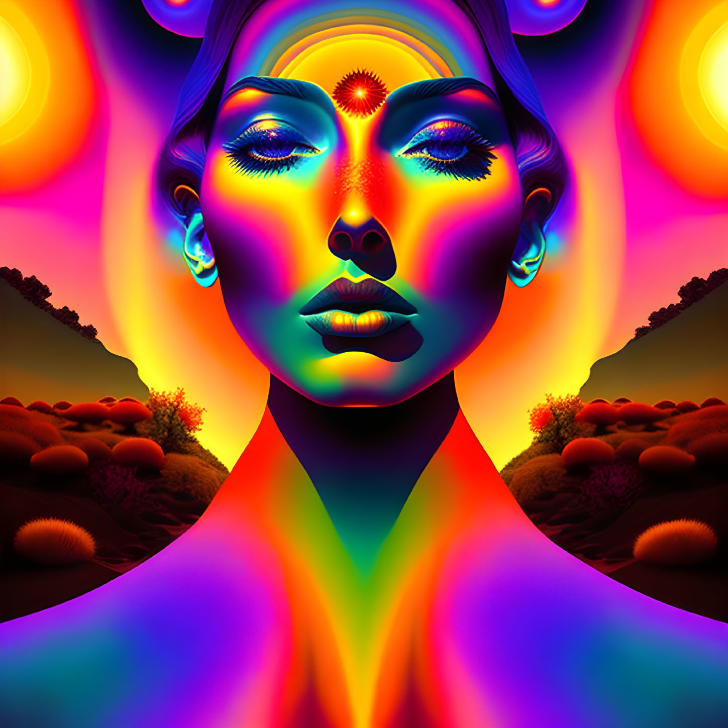 Colorful Symmetrical Digital Art of Woman's Face with Psychedelic Background