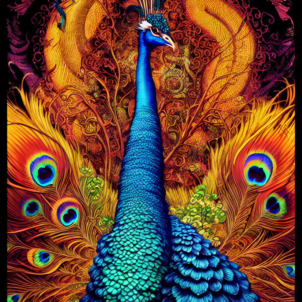 Colorful digital artwork: Peacock with vibrant blues, greens, and gold embellishments