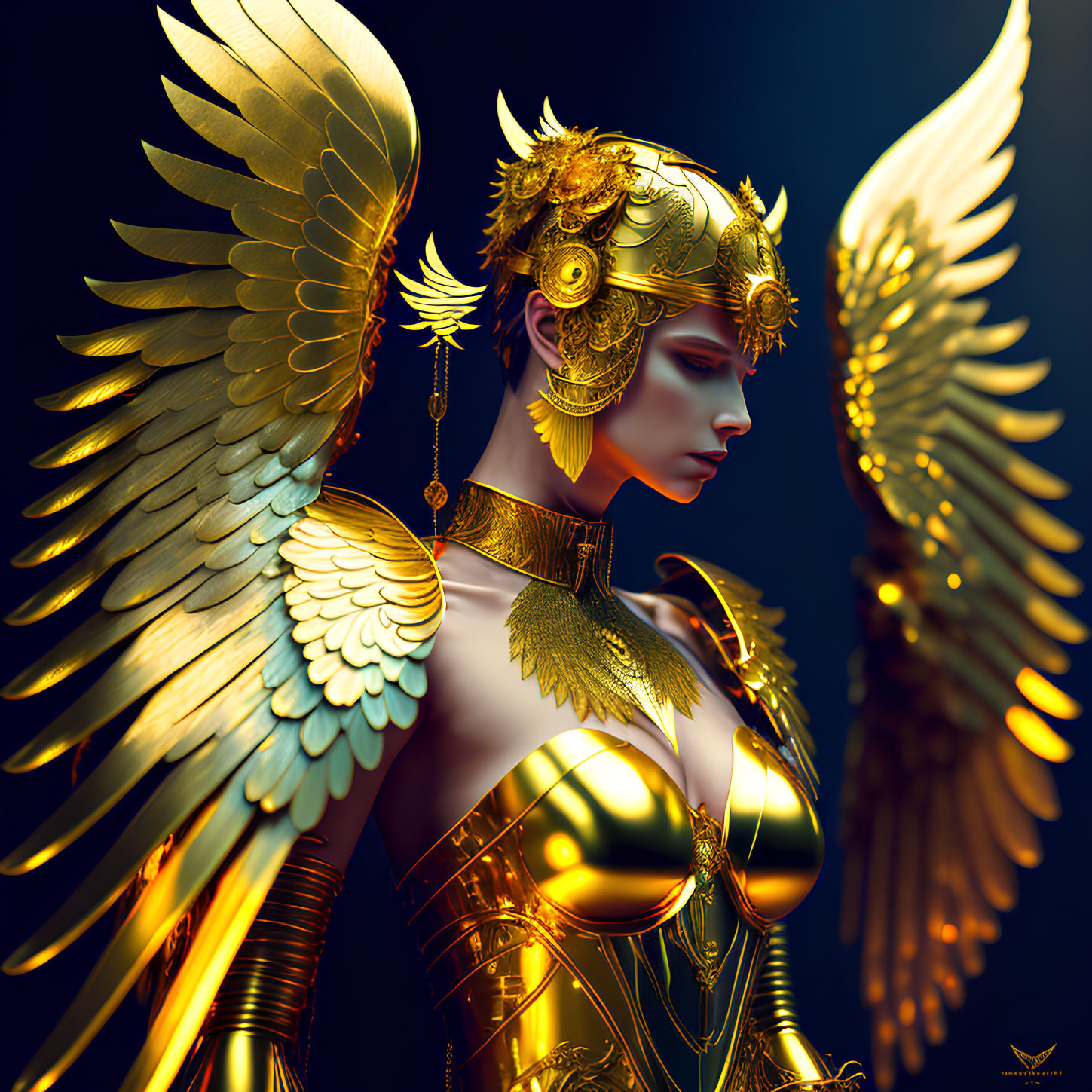 Golden-winged figure in ornate armor with majestic headgear and feathered appendages exudes reg